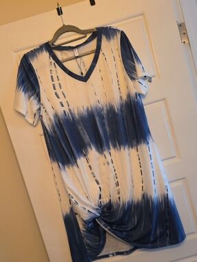Blue and White Tie-Dye V-Neck Knot Front Dress